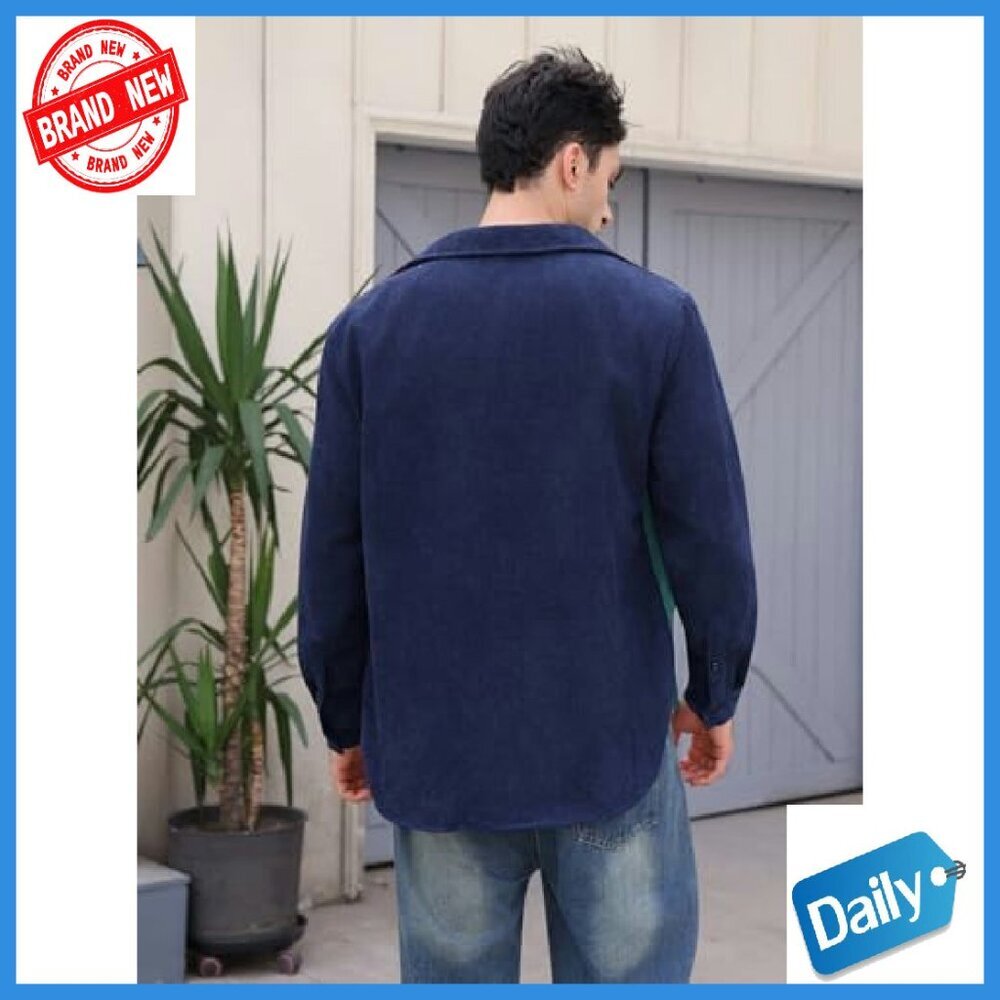 Men's Corduroy Button Down Long Sleeve Collar Shirt Pocket - Picture 4 of 8